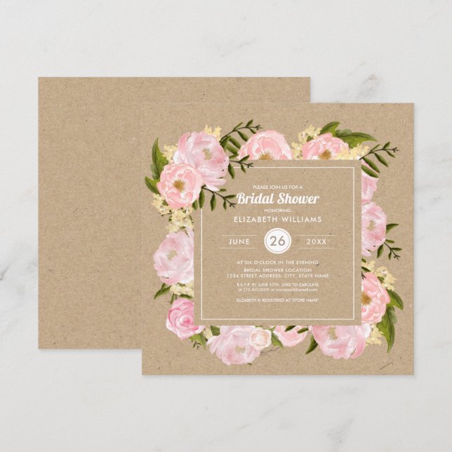 Blush Pink Peonie Kraft Paper Rustic Bridal Shower Invitation (Front/Back)