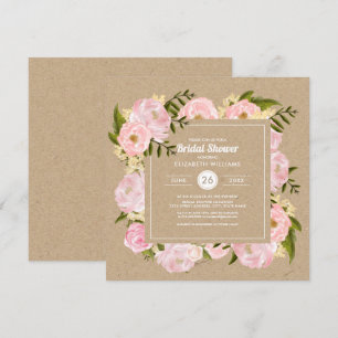Blush Pink Peonie Kraft Paper Rustic Bridal Shower Invitation