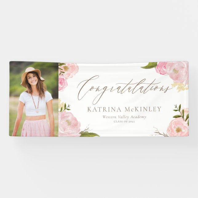 Blush Pink Peonies and Roses Photo Graduation Banner (Horizontal)