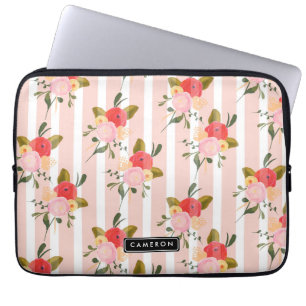 Blush Pink Peonies and Stripes Personalised Laptop Sleeve