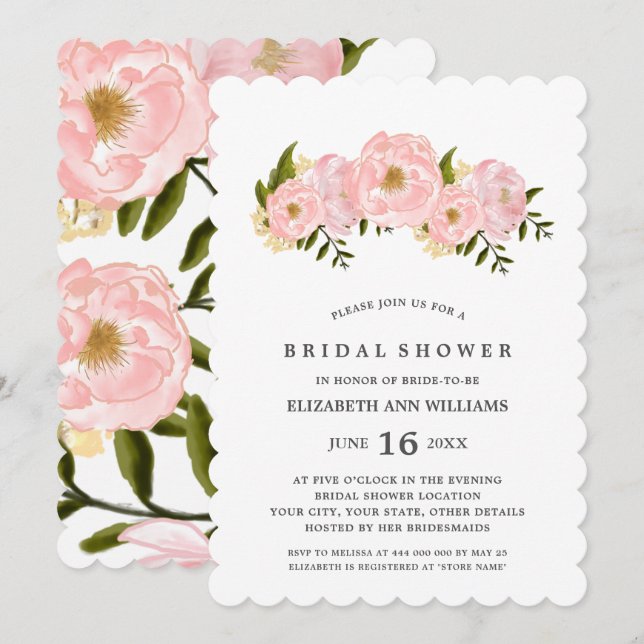 Blush Pink Peonies Bridal Shower Invitation (Front/Back)