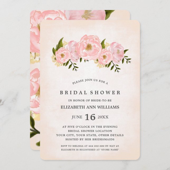 Blush Pink Peonies Bridal Shower Invitation (Front/Back)