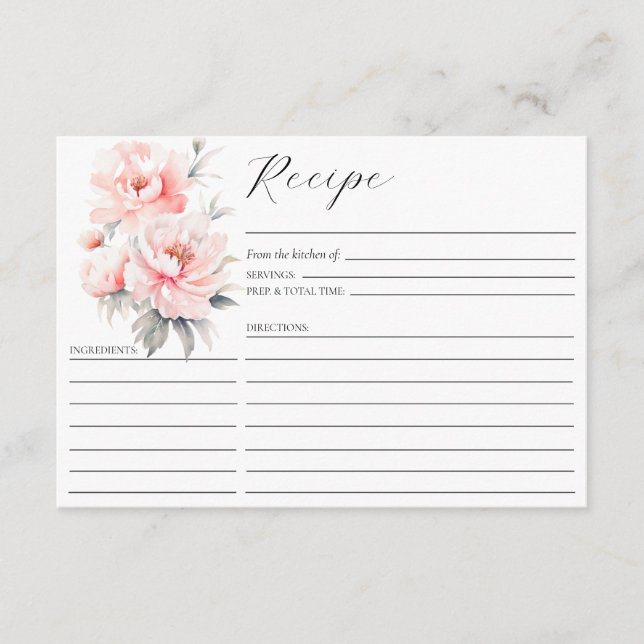 Blush Pink Peonies Floral Bridal Shower RECIPE Enclosure Card (Front)