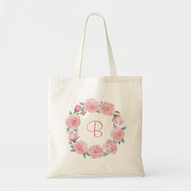Blush pink peonies floral wreath personalised tote bag (Front)