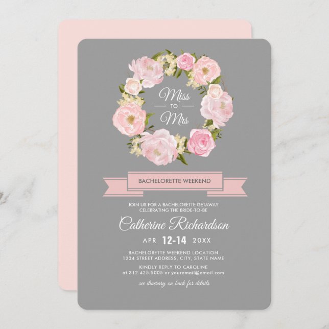 Blush Pink Peonies Grey Bachelorette Weekend Invitation (Front/Back)