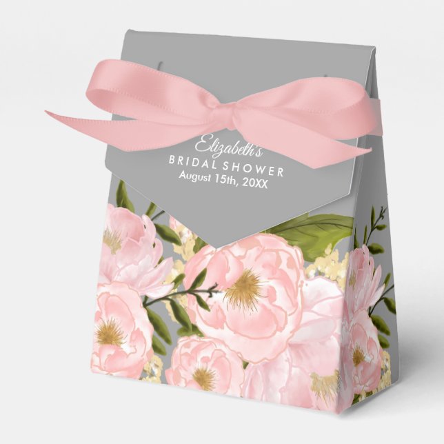 Blush Pink Peonies Grey Bridal Shower Favour Box (Front Side)