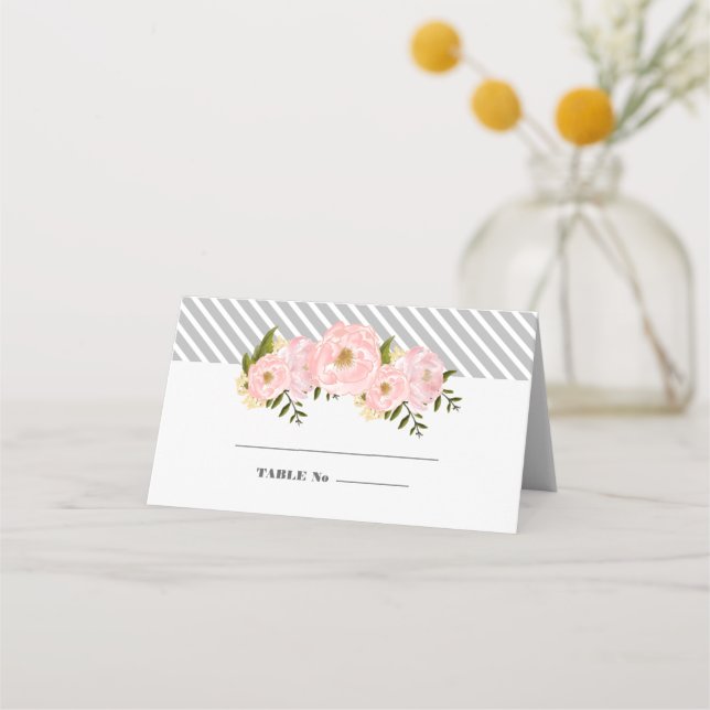 Blush Pink Peonies | Grey Stripes Wedding  Place Card (Front)