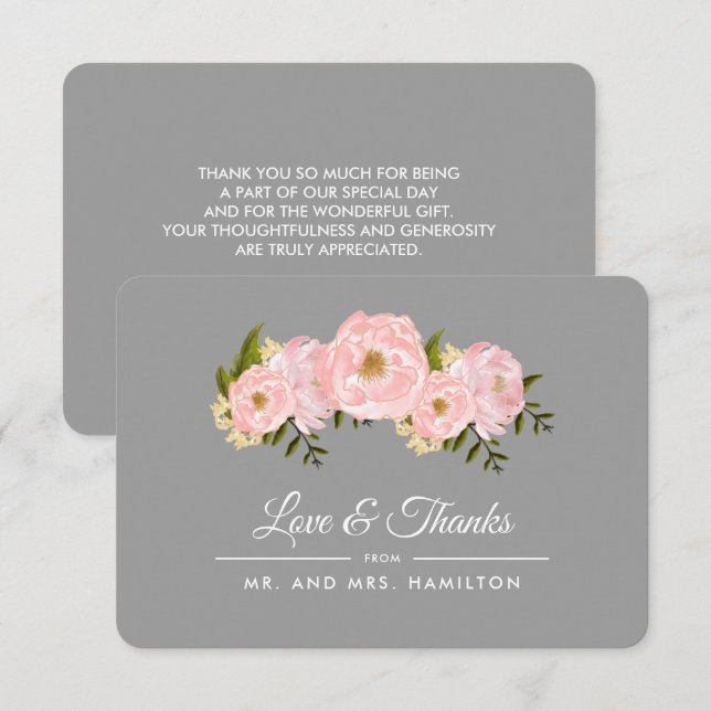 Blush Pink Peonies Grey Wedding Thank You Card (Front/Back)
