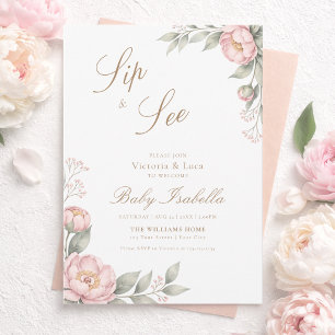 Blush Pink Peonies in Bloom Sip & See Invitation