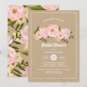 Blush Pink Peonies Kraft Paper Bridal Shower Invitation