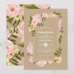 Blush Pink Peonies Kraft Paper Rustic Wedding Invitation