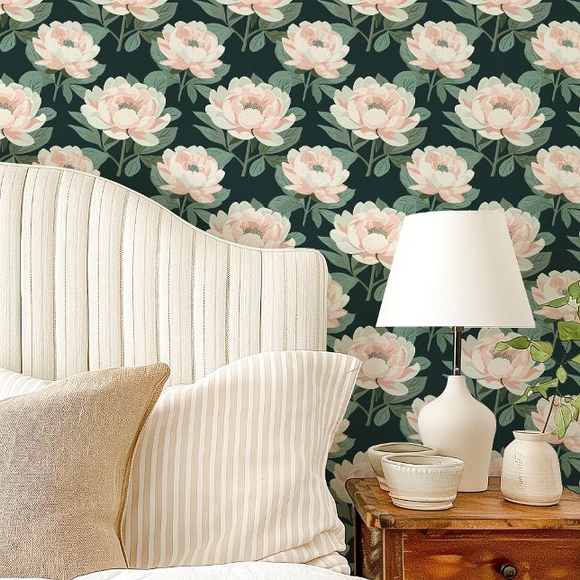Blush Pink Peonies On Green Floral Wallpaper (Creator Uploaded)