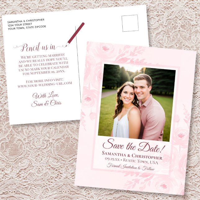 Blush Pink Peonies & Photo Wedding Save the Date Announcement Postcard (Front/Back)