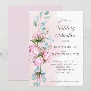Blush Pink Peonies, Pink Wash, Greenery Wedding Invitation