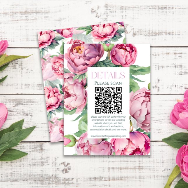 Blush Pink Peonies QR CODE Wedding Details Enclosure Card (Creator Uploaded)