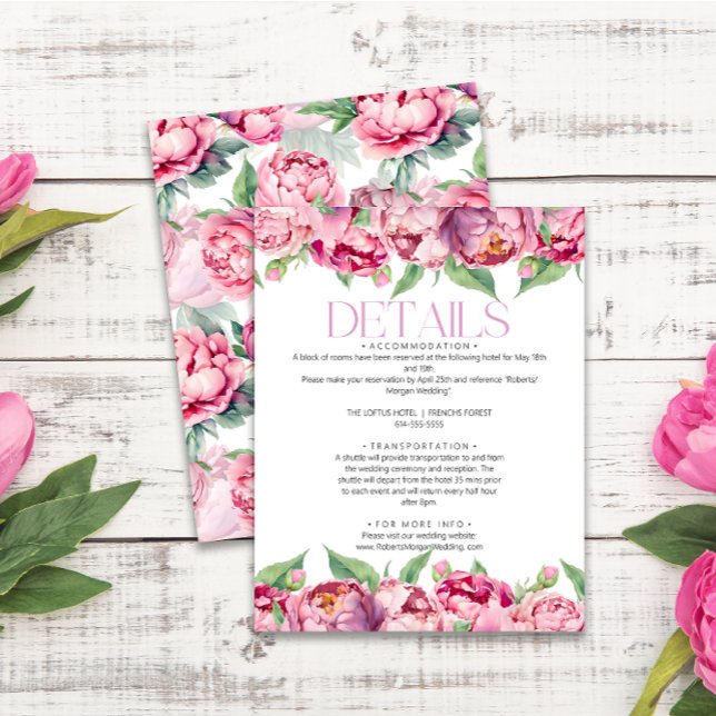 Blush Pink Peonies Watercolor Wedding Details Enclosure Card (Creator Uploaded)