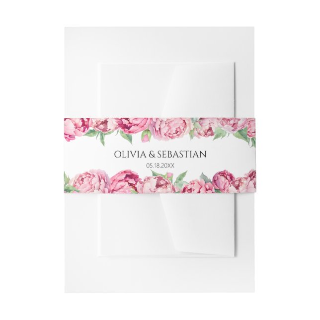 Blush Pink Peonies Watercolor Wedding  Invitation Belly Band (Front Example)