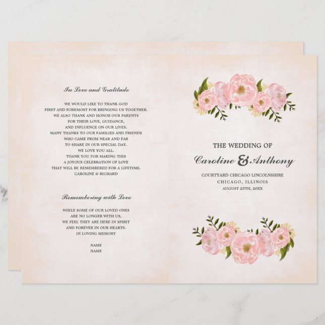 Blush Pink Peonies Watercolor Wedding Programs (Front/Back)