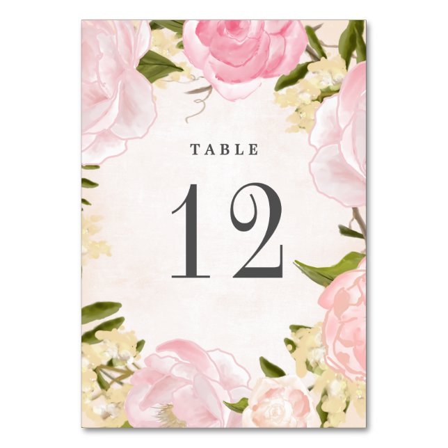 Blush Pink Peonies Watercolor Wedding  Table Number (Front)