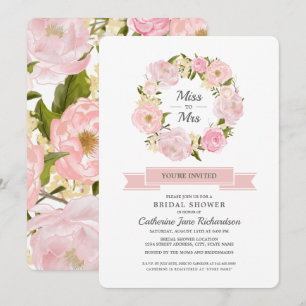 Blush Pink Peonies Wreath Bridal Shower  Invitation