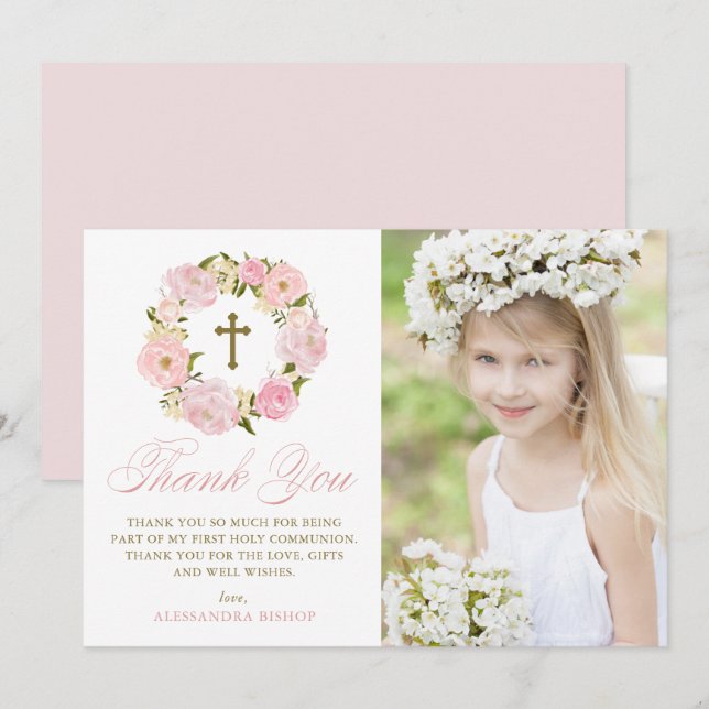 Blush Pink Peonies Wreath First Holy Communion Thank You Card (Front/Back)