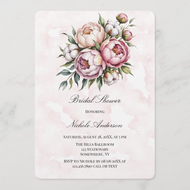 Blush Pink Peony and Cotton Bridal Shower  Invitation (Front)