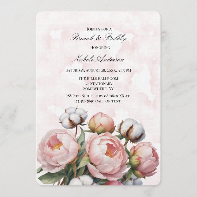 Blush Pink Peony and Cotton Brunch & Bubbly Invitation (Front)