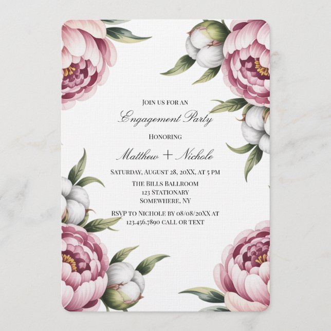 Blush Pink Peony and Cotton Engagement Party Invitation (Front)