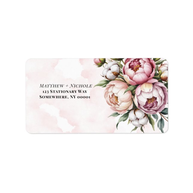 Blush Pink Peony and Cotton Wedding Address Label (Front)