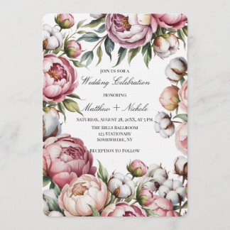 Blush Pink Peony and Cotton Wedding Celebration Invitation