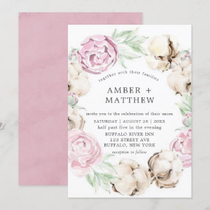 Blush Pink Peony and Cotton Wedding Invitations 