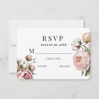 Blush Pink Peony and Cotton Wedding RSVP Card