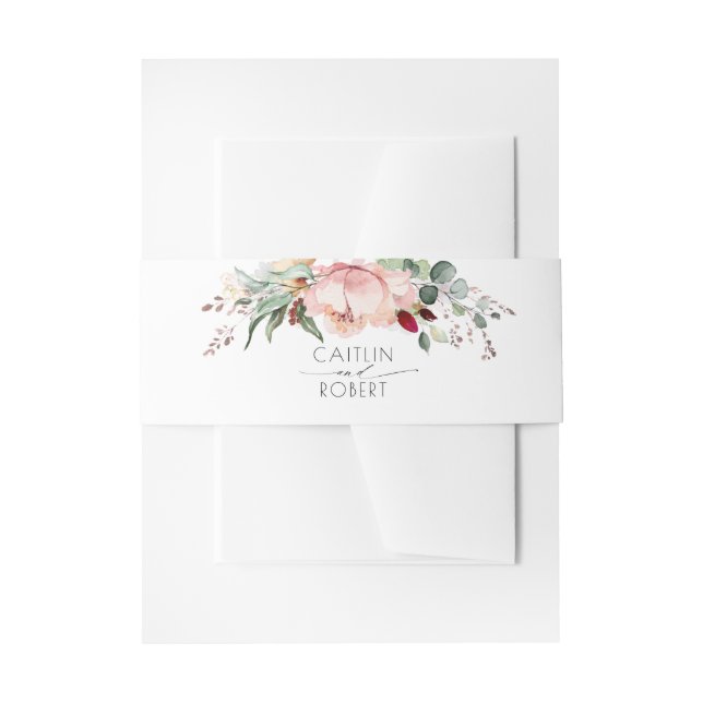 Blush Pink Peony and Earth Tones Foliage Wedding Invitation Belly Band (Front Example)