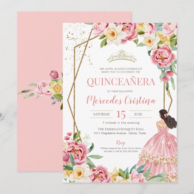 Blush Pink Peony and Lily Quinceanera Birthday Invitation (Front/Back)