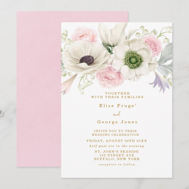 Blush Pink Peony Anemones Flower Gold Wedding Invitation (Front/Back)