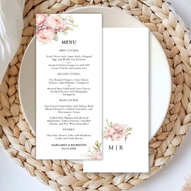 Blush Pink Peony Elegant Watercolor Wedding Menu (Creator Uploaded)