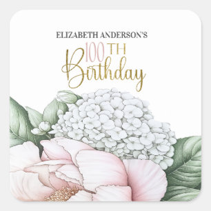 Blush Pink Peony Floral 100th Birthday Square Sticker