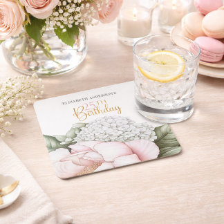 Blush Pink Peony Floral 25th Birthday Square Paper Coaster