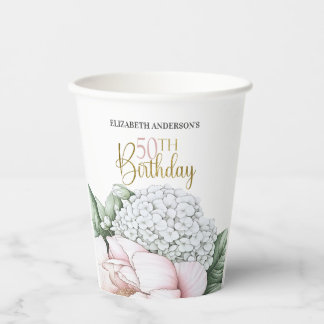 Blush Pink Peony Floral 50th Birthday Paper Cups