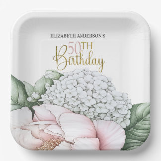 Blush Pink Peony Floral 50th Birthday Paper Plate
