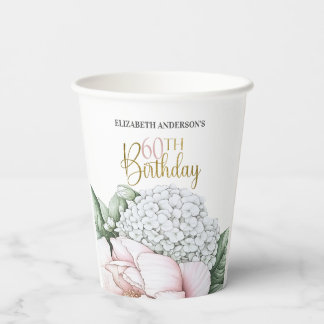 Blush Pink Peony Floral 60th Birthday Paper Cups