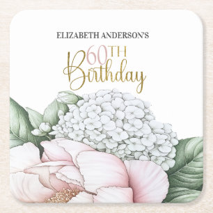 Blush Pink Peony Floral 60th Birthday Square Paper Coaster