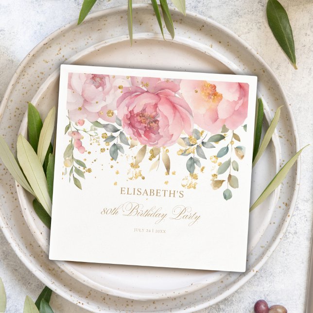 Blush Pink Peony Floral 80th Birthday Party Napkin (Creator Uploaded)