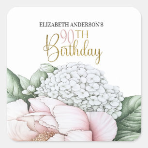 Blush Pink Peony Floral 90th Birthday Square Sticker