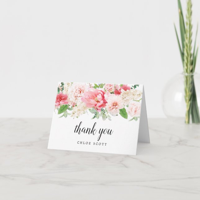 Blush Pink Peony Floral Bridal Shower Photo Thank You Card (Front)