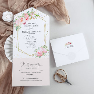 Blush Pink Peony Floral Geometric Wedding All In One Invitation