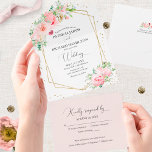 Blush Pink Peony Floral Geometric Wedding All In One Invitation<br><div class="desc">An elegant blush pink geometric watercolor floral wedding invitation, easy to personalise with your details. PLEASE NOTE: This invitation is ready to send without an envelope; include the return address on the backside; if you plan to send it using an envelope, please let in blank the return address details (...</div>