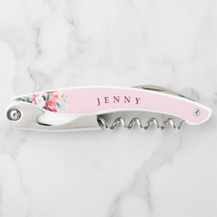 Blush Pink Peony Floral Personalised Bridesmaid Corkscrew