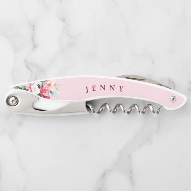 Blush Pink Peony Floral Personalised Bridesmaid Corkscrew (Front)