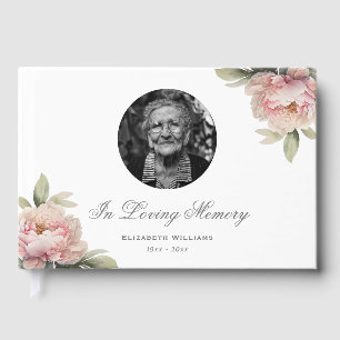 Blush Pink Peony Floral Photo Funeral Memorial Guest Book
